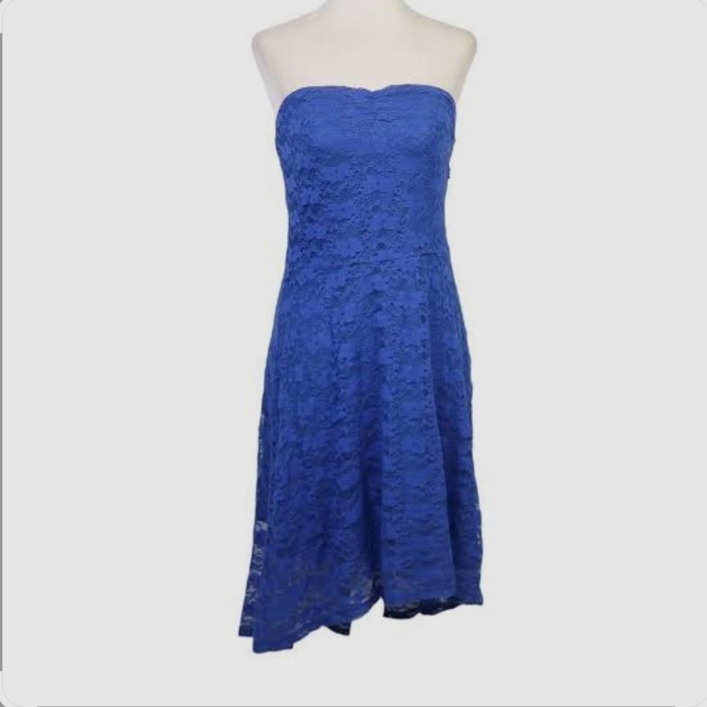 👗90s Blue Lace Asymmetrical Strapless Cocktail/Casual Dress VINTAGE👗